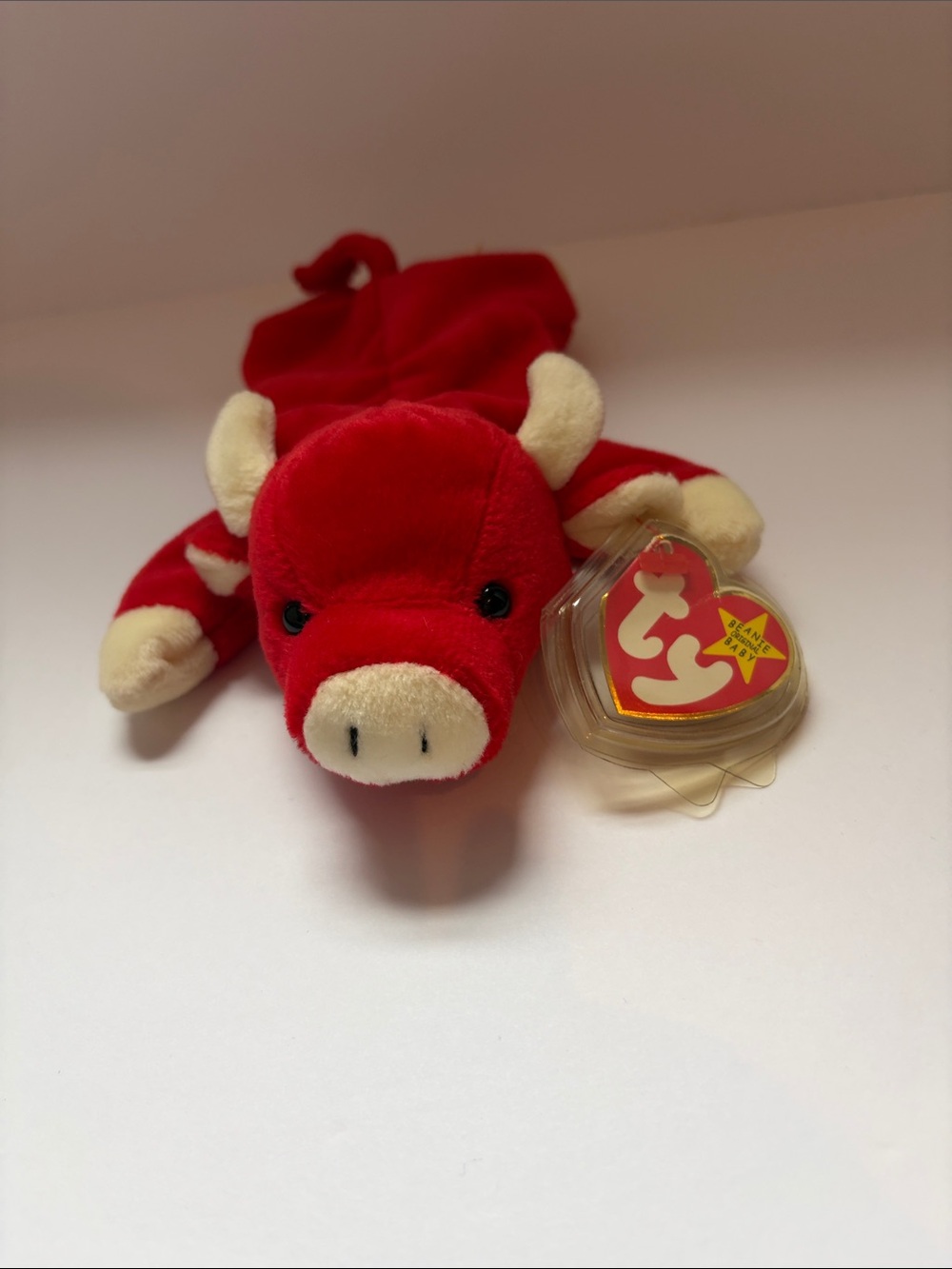 Ty Red and Cream Plush Bull Beanie with Heart Tag